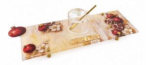 Picture of Lucite Rosh Hashanah Simanim Tray with Honey Dish and Spoon Painted Pomegranates Design Gold Accent 16.5"